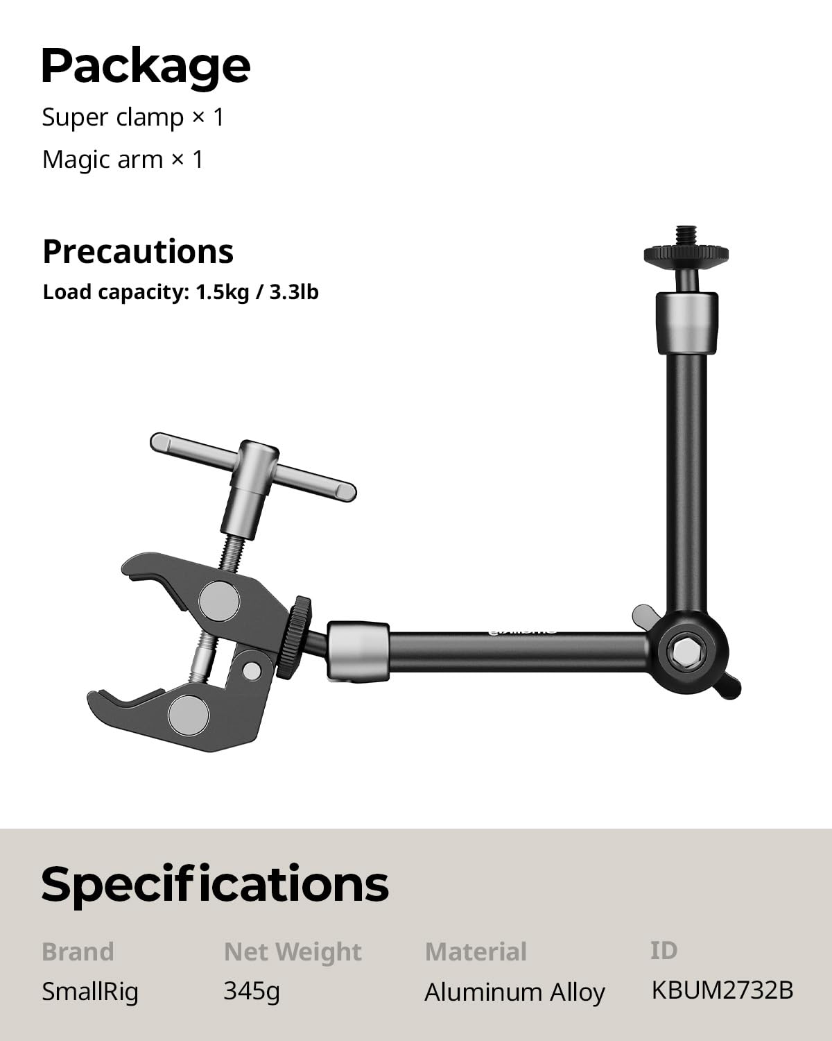 SMALLRIG Clamp w/ 1/4" and 3/8" Thread and 9.8 Inches Adjustable Friction Power Articulating Magic Arm with 1/4" Thread Screw for LCD Monitor/LED Lights - KBUM2732B