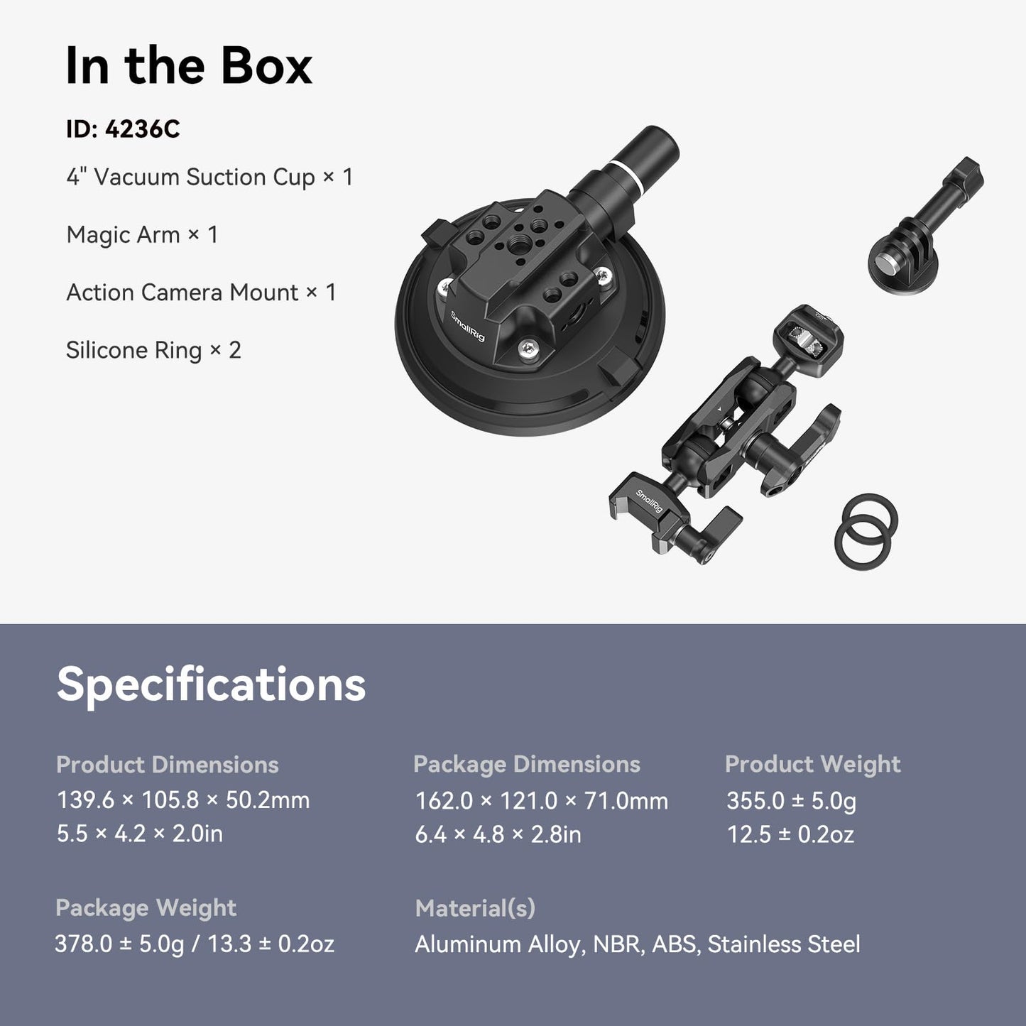 SMALLRIG 4" Camera Suction Mount with Ball Head Magic Arm, Car Mount for Lightweight Camera/Action Camera/Phone, Air Pump Vacuum Suction Cup, Max Load 3kg/6.6 Pound - 4236