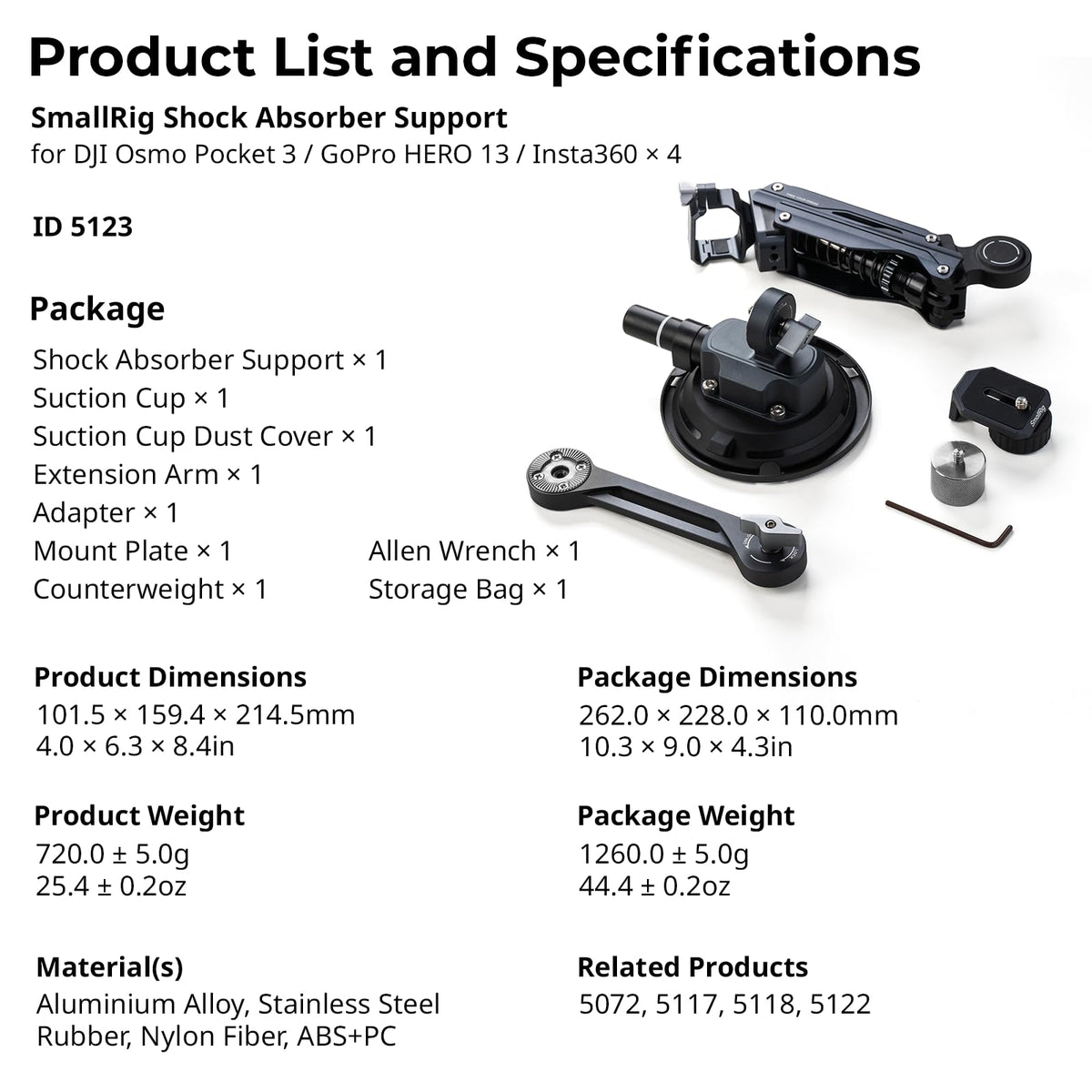 SMALLRIG Mini Shock Absorber Arm, 4-inch Vacuum Suction Cup, Double Spring and Hydraulic Damping, Car Mount for DJI Osmo Pocket 4 3/Action 6/5 Pro/4, for GoPro Hero13/12/11, for Insta360 X5/4/3-5123