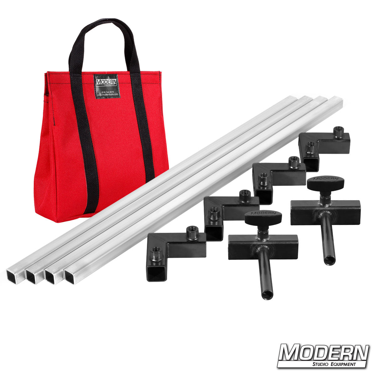 Film production frame kit showing aluminum tubes, ears, and connectors laid out with red bag