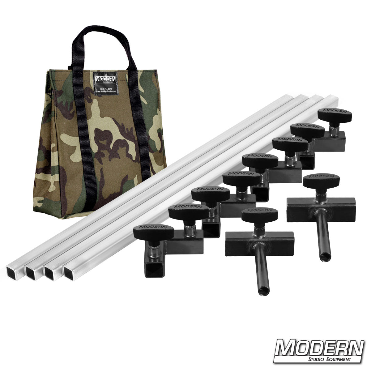 Film production frame kit showing aluminum tubes, ears, and connectors laid out with camo bag