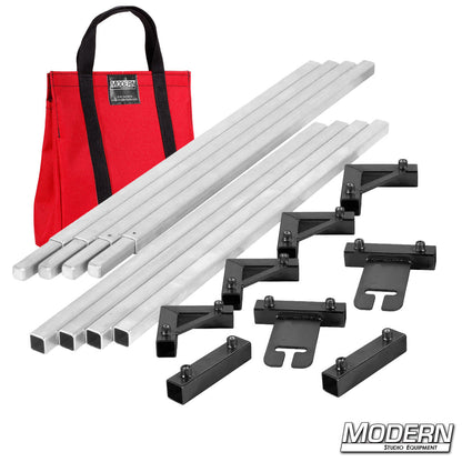 8x8 frame complete with 4-foot tubes in red finish for film rigging and light control.”