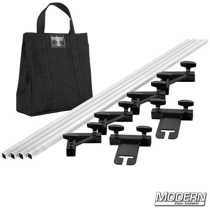 Set of guitar stands and a black carrying bag on a white background with 'Modern Studio Equipment' branding.