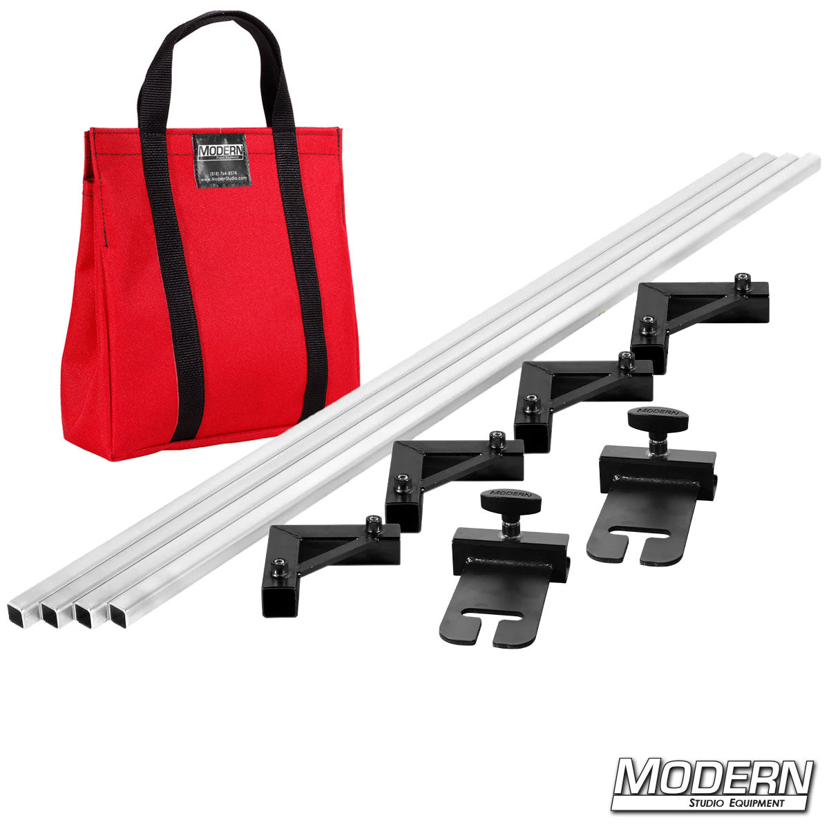 Set of audio equipment stands with a red carrying bag on a white background, featuring the brand 'Modern Studio Equipment'.