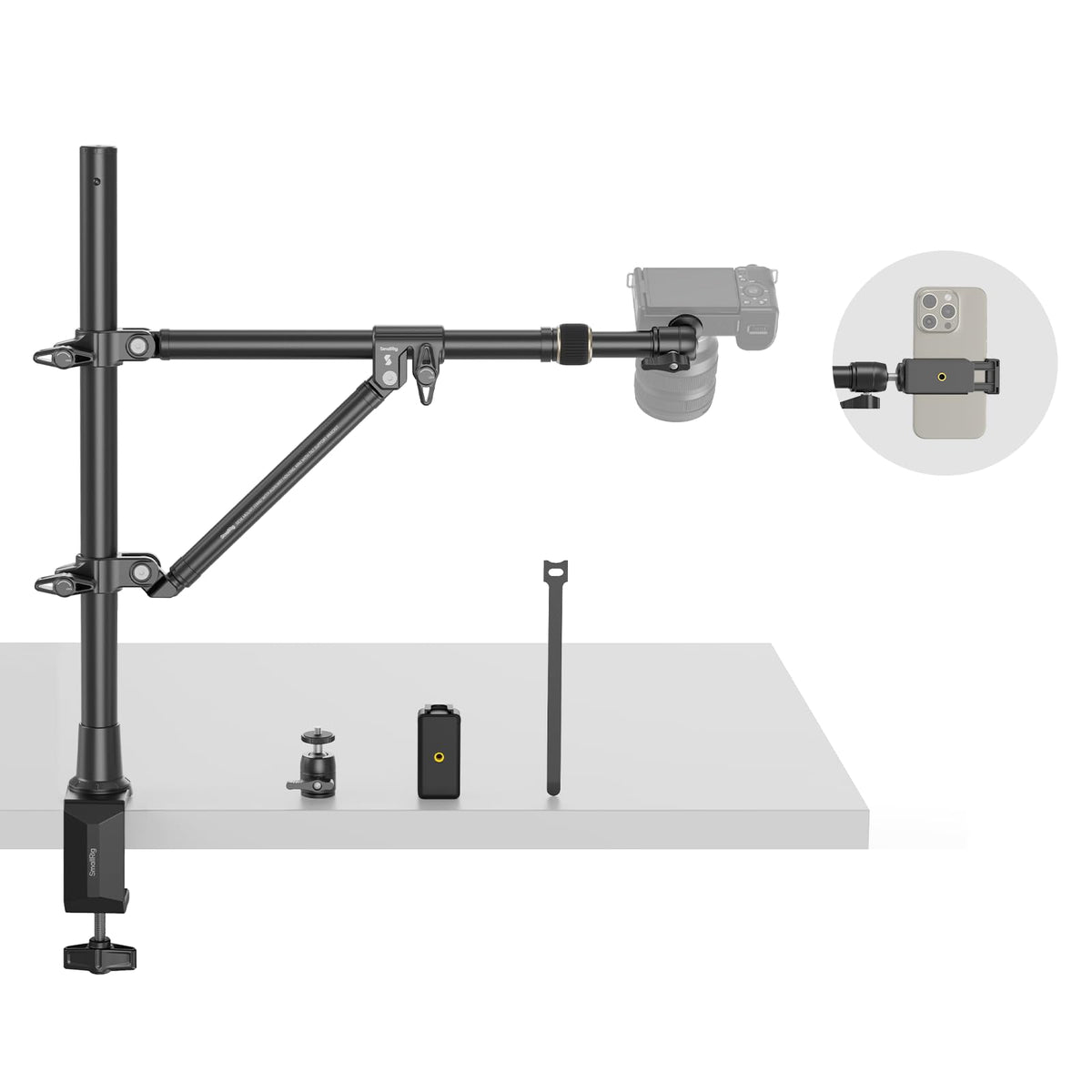 SMALLRIG Triangle Camera Desk Mount, Max. Load 3kg/ 6.6lbs, Overhead Mount with Auxiliary Support Rod, with Phone Holder and Small Ball Head for Camera/Phone/Light/Webcam