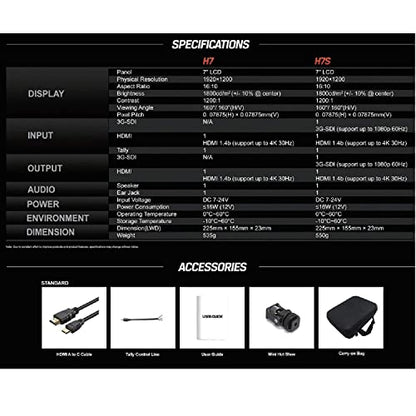 H7S 7" Full HD Field LED Monitor with 4K HDMI & SDI, Built-In Speaker, 1920x1200 - Grip Support Store