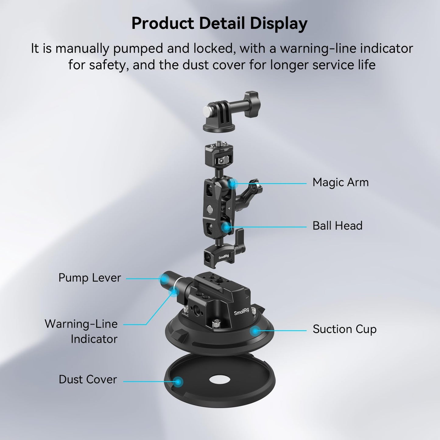 SMALLRIG 4" Camera Suction Mount with Ball Head Magic Arm, Car Mount for Lightweight Camera/Action Camera/Phone, Air Pump Vacuum Suction Cup, Max Load 3kg/6.6 Pound - 4236