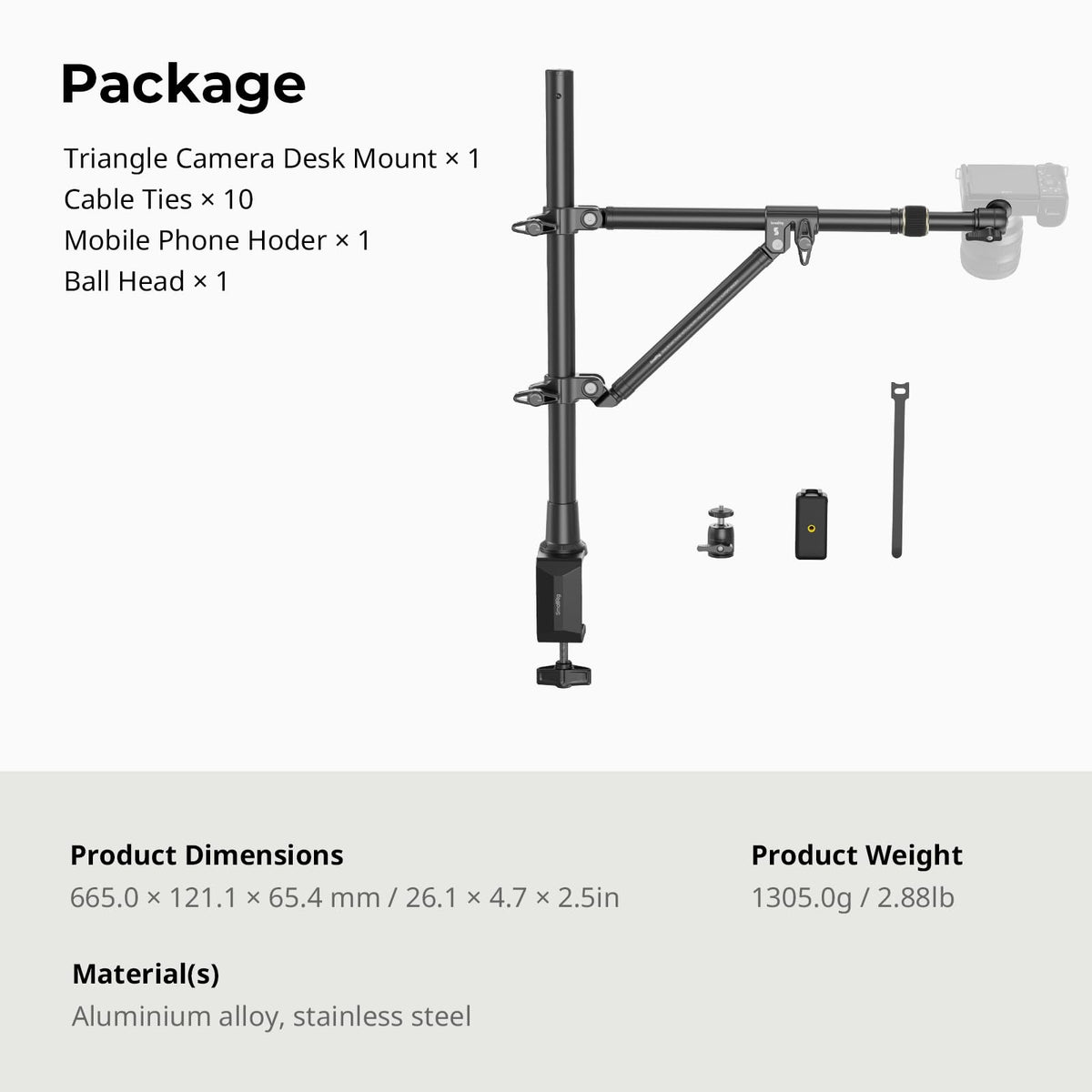 SMALLRIG Triangle Camera Desk Mount, Max. Load 3kg/ 6.6lbs, Overhead Mount with Auxiliary Support Rod, with Phone Holder and Small Ball Head for Camera/Phone/Light/Webcam