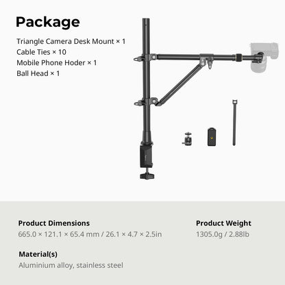 SMALLRIG Triangle Camera Desk Mount, Max. Load 3kg/ 6.6lbs, Overhead Mount with Auxiliary Support Rod, with Phone Holder and Small Ball Head for Camera/Phone/Light/Webcam
