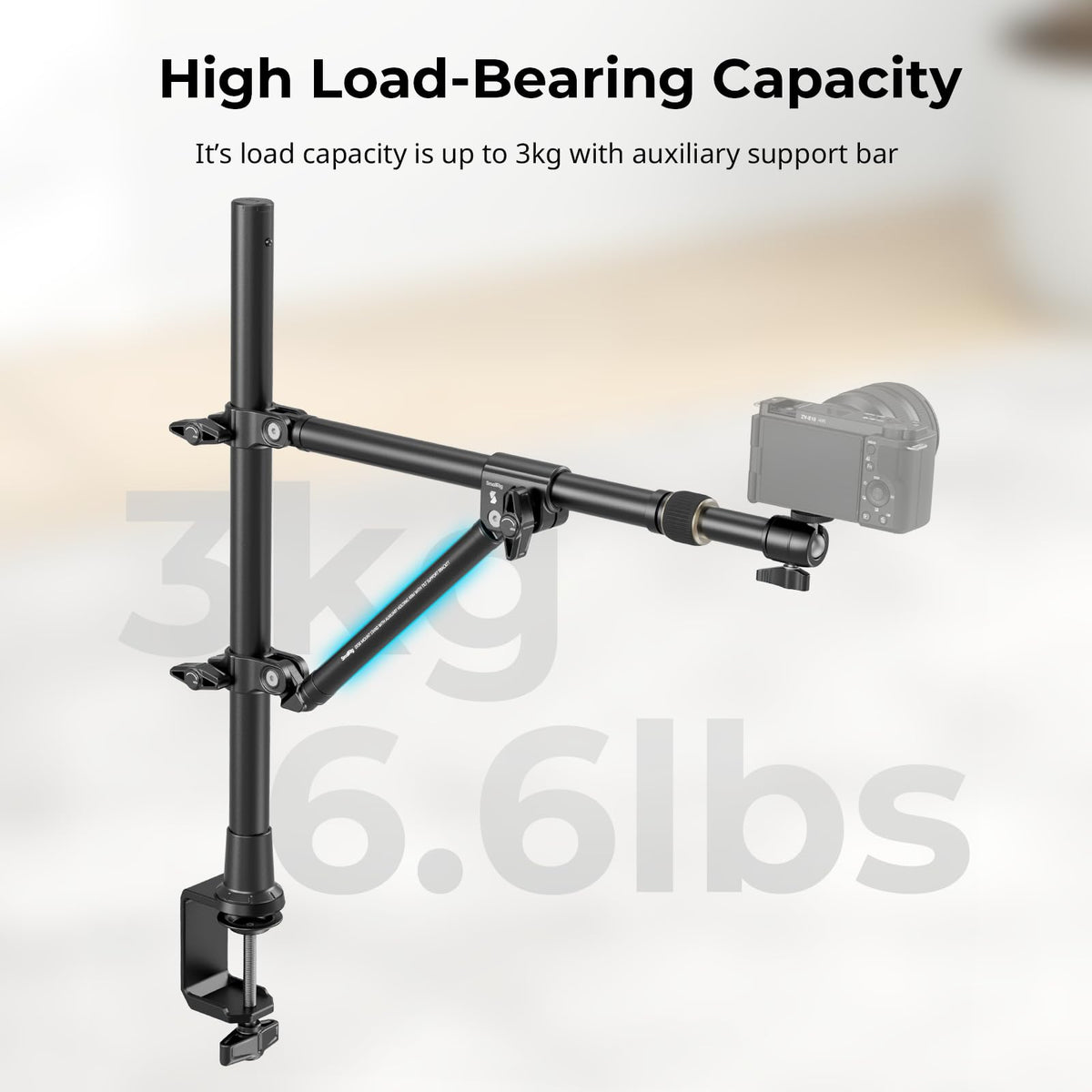 SMALLRIG Triangle Camera Desk Mount, Max. Load 3kg/ 6.6lbs, Overhead Mount with Auxiliary Support Rod, with Phone Holder and Small Ball Head for Camera/Phone/Light/Webcam