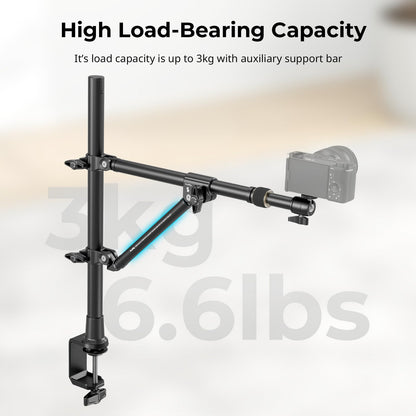 SMALLRIG Triangle Camera Desk Mount, Max. Load 3kg/ 6.6lbs, Overhead Mount with Auxiliary Support Rod, with Phone Holder and Small Ball Head for Camera/Phone/Light/Webcam