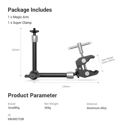 SMALLRIG Clamp w/ 1/4" and 3/8" Thread and 9.8 Inches Adjustable Friction Power Articulating Magic Arm with 1/4" Thread Screw for LCD Monitor/LED Lights - KBUM2732B