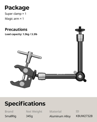 SMALLRIG Clamp w/ 1/4" and 3/8" Thread and 9.8 Inches Adjustable Friction Power Articulating Magic Arm with 1/4" Thread Screw for LCD Monitor/LED Lights - KBUM2732B