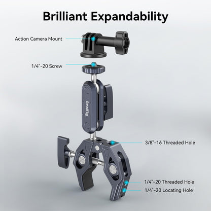 SMALLRIG Camera Mount Clamp, Ballhead Magic Arm and Adapter for Gopro, Camera Monitor Mount with 1/4"-20, 3/8"-16 Threaded Holes, Super Clamp for Gopro/DSLR/Stabilizer