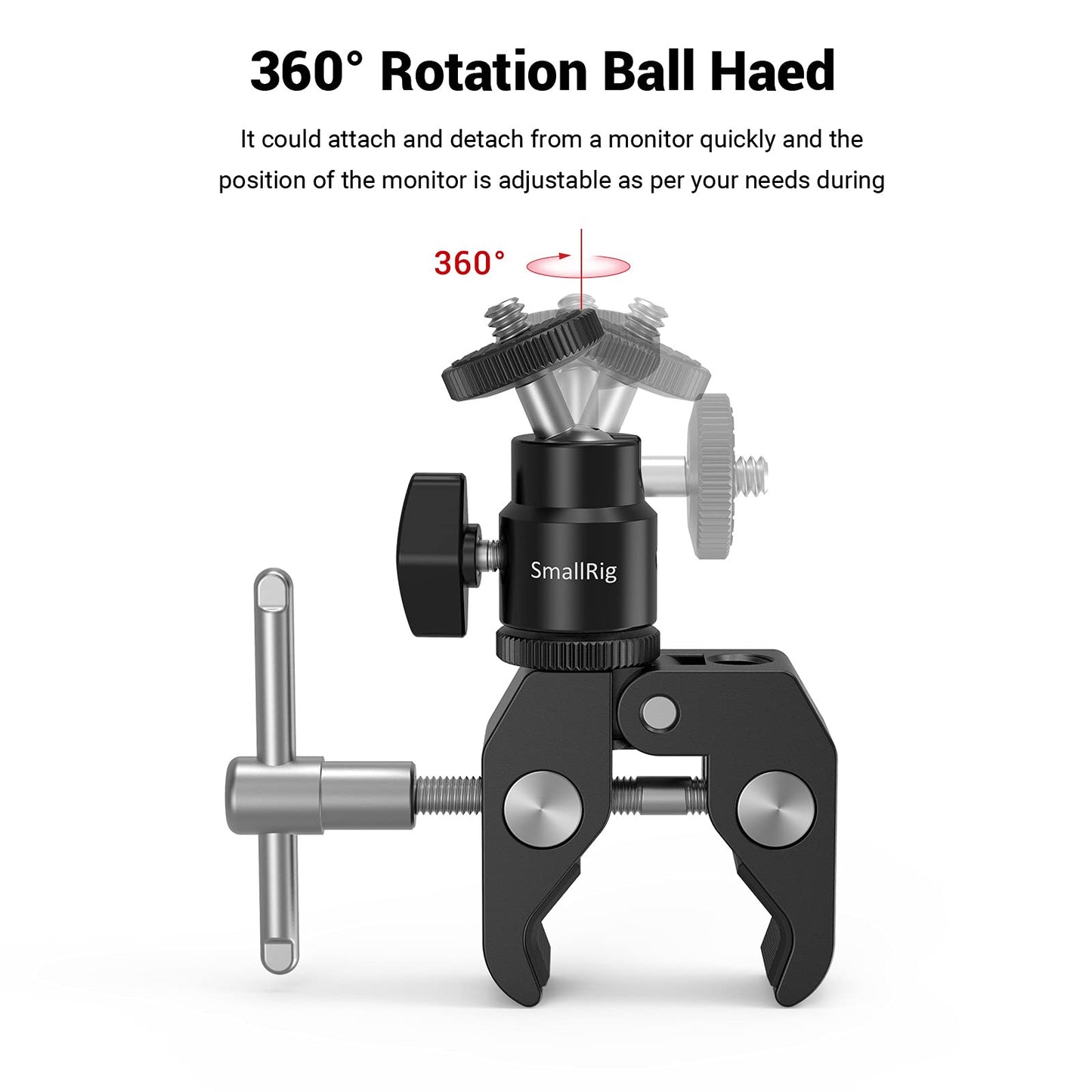 SmallRig Super Clamp Mount with Mini Ball Head Mount, Hot Shoe Adapter with 1/4 Screw for LCD Field Monitor, LED Lights, Flash, Microphone, for Gopro, for DJI Action 2, for Insta360