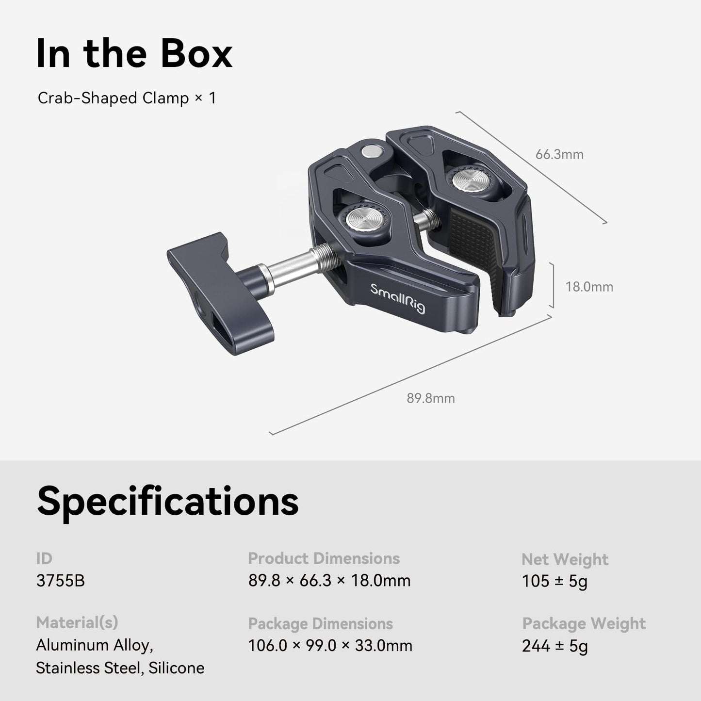 SMALLRIG Crab-Shaped Super Clamp, Camera Mount, 1/4"-20, 3/8"-16 Threaded Holes, 7.7lbs/3.5kg Payload, Compatible with Cameras, Monitors, LED Lights, etc.