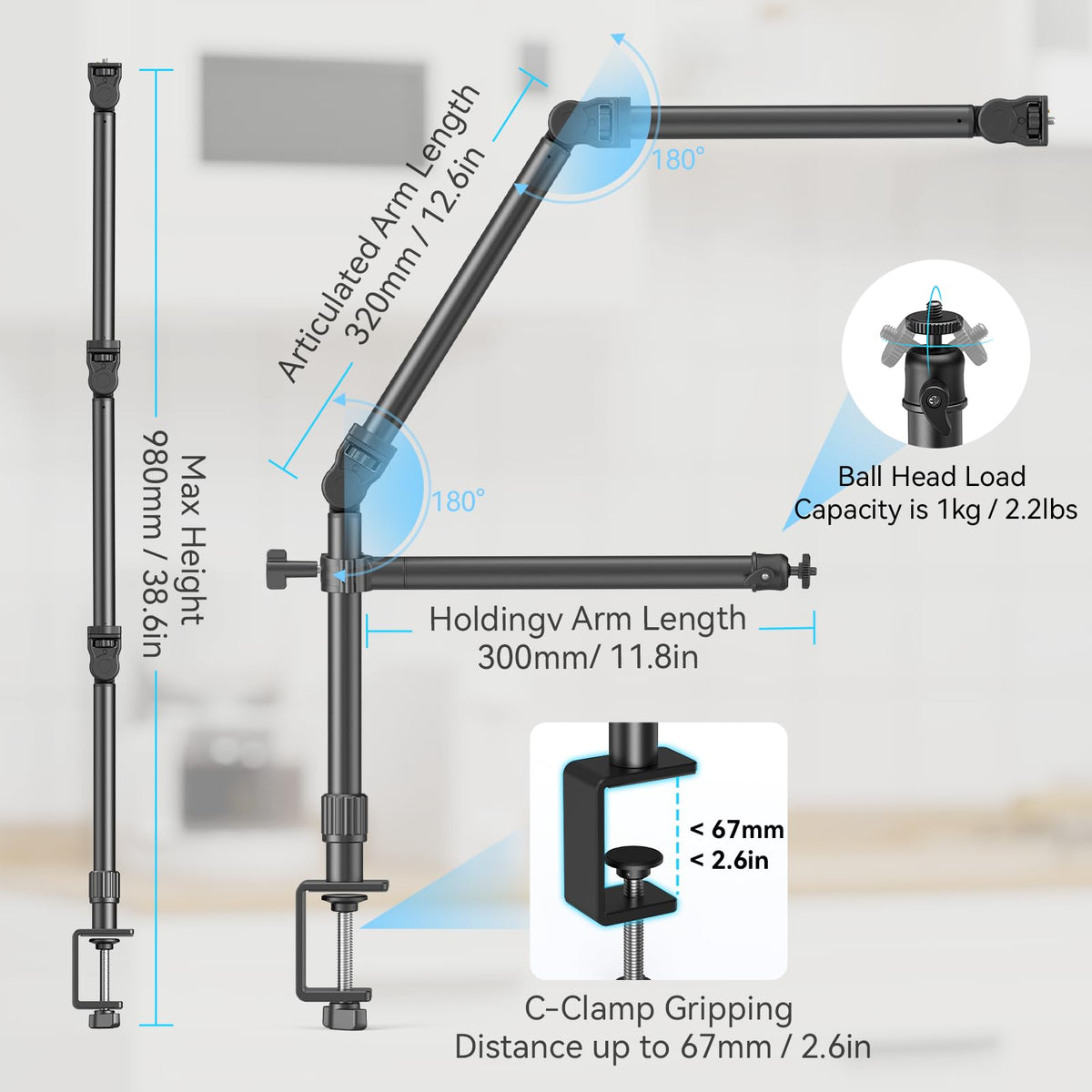 SMALLRIG Overhead Camera Mount, Camera Desk Mount Stand with Flexible Arm, 360° Rotatable Ball Head, DSLR Boom Arm Tabletop C Clamp for Photography Videography Live Stream - 4456