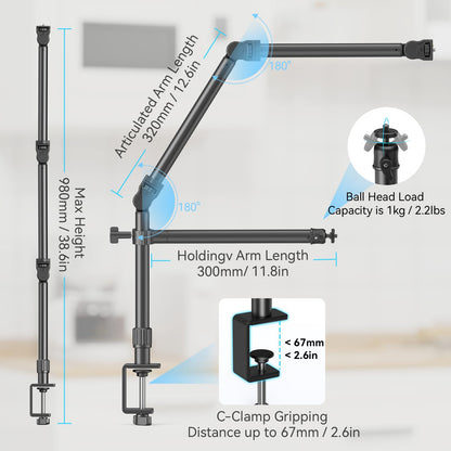 SMALLRIG Overhead Camera Mount, Camera Desk Mount Stand with Flexible Arm, 360° Rotatable Ball Head, DSLR Boom Arm Tabletop C Clamp for Photography Videography Live Stream - 4456