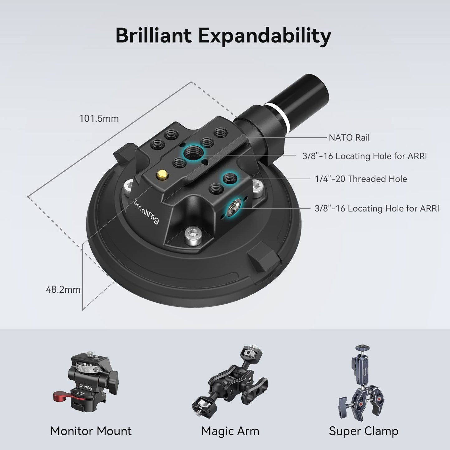 SMALLRIG 4″ Suction Cup Camera Mount, Car Mount for Cameras/Smartphones on Car/Clean and Smooth Surfaces, Max 2kg Load for Speeds up to 80km/h (50mph), Recommend 10kg Load When Stationary - 4122B