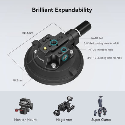 SMALLRIG 4″ Suction Cup Camera Mount, Car Mount for Cameras/Smartphones on Car/Clean and Smooth Surfaces, Max 2kg Load for Speeds up to 80km/h (50mph), Recommend 10kg Load When Stationary - 4122B