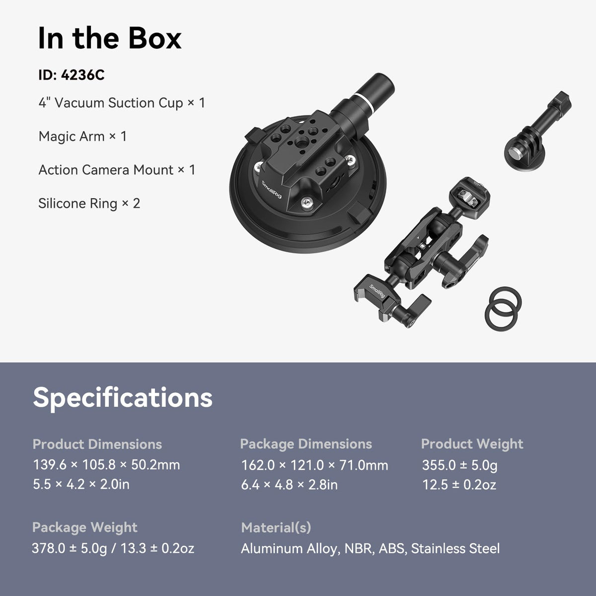 SMALLRIG 4" Camera Suction Mount with Ball Head Magic Arm, Car Mount for Lightweight Camera/Action Camera/Phone, Air Pump Vacuum Suction Cup, Max Load 3kg/6.6 Pound - 4236