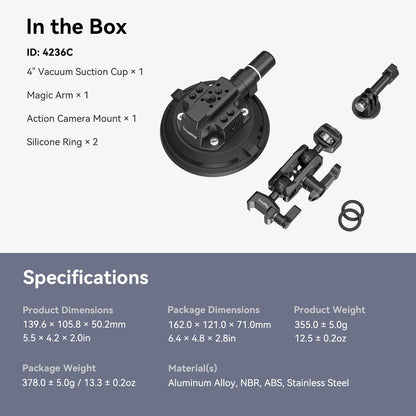 SMALLRIG 4" Camera Suction Mount with Ball Head Magic Arm, Car Mount for Lightweight Camera/Action Camera/Phone, Air Pump Vacuum Suction Cup, Max Load 3kg/6.6 Pound - 4236