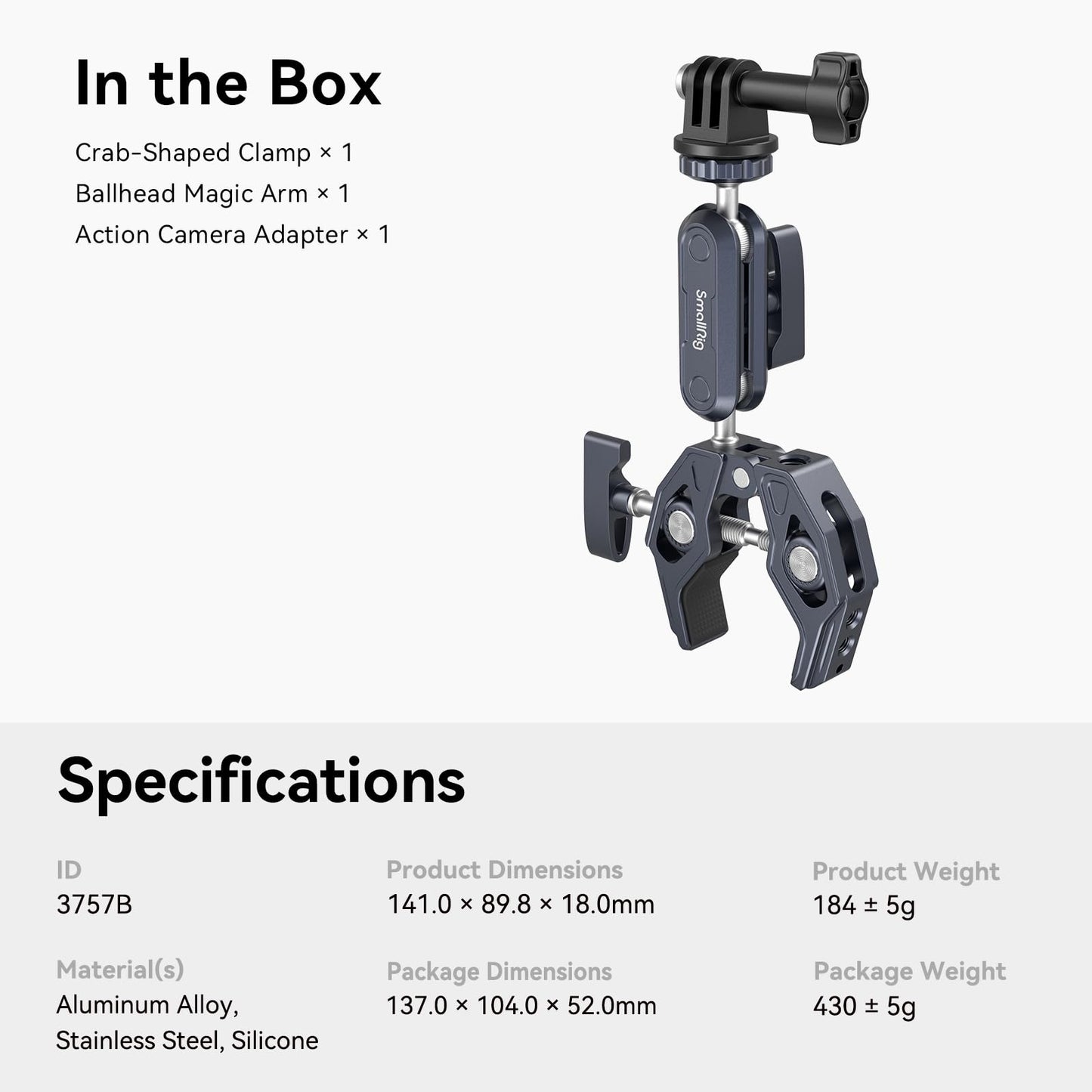 SMALLRIG Camera Mount Clamp, Ballhead Magic Arm and Adapter for Gopro, Camera Monitor Mount with 1/4"-20, 3/8"-16 Threaded Holes, Super Clamp for Gopro/DSLR/Stabilizer