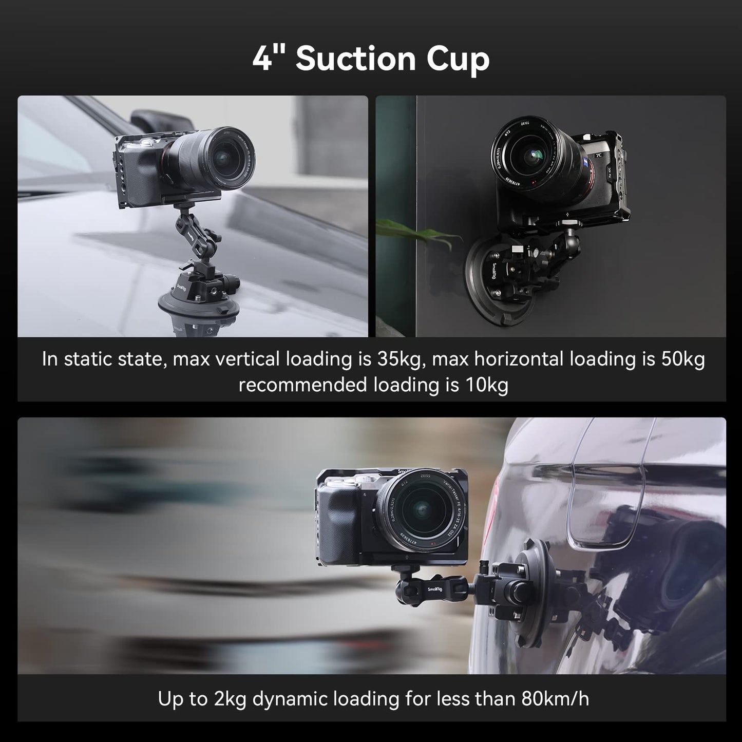 SMALLRIG 4″ Suction Cup Camera Mount, Car Mount for Cameras/Smartphones on Car/Clean and Smooth Surfaces, Max 2kg Load for Speeds up to 80km/h (50mph), Recommend 10kg Load When Stationary - 4122B