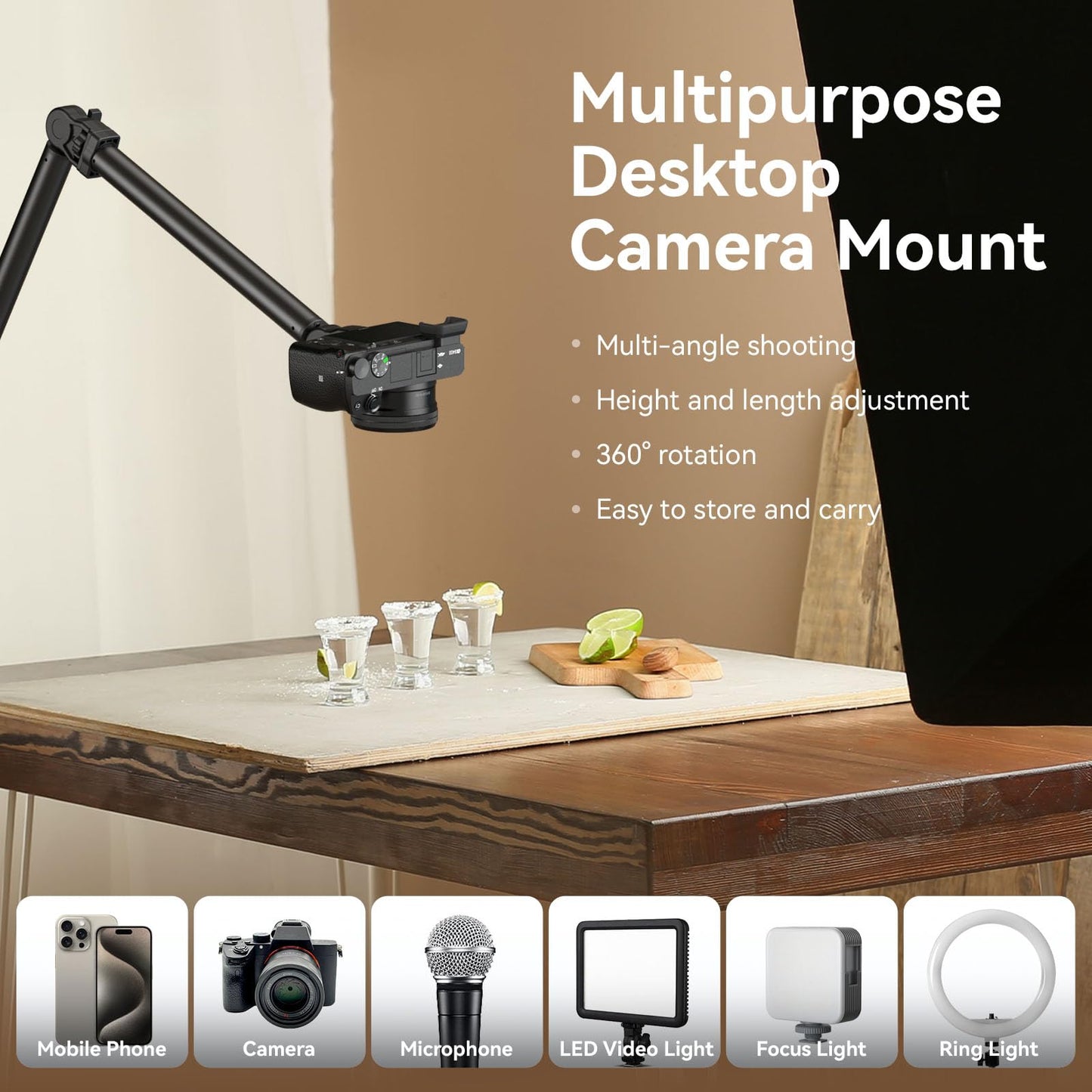 SMALLRIG Overhead Camera Mount, Camera Desk Mount Stand with Flexible Arm, 360° Rotatable Ball Head, DSLR Boom Arm Tabletop C Clamp for Photography Videography Live Stream - 4456