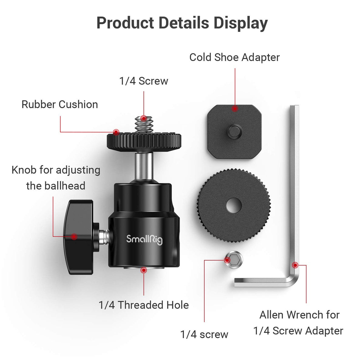 SmallRig 1/4" Camera Hot Shoe Mount, Ballhead Tripod with Additional 1/4" Screw, 2pcs Pack - 2059