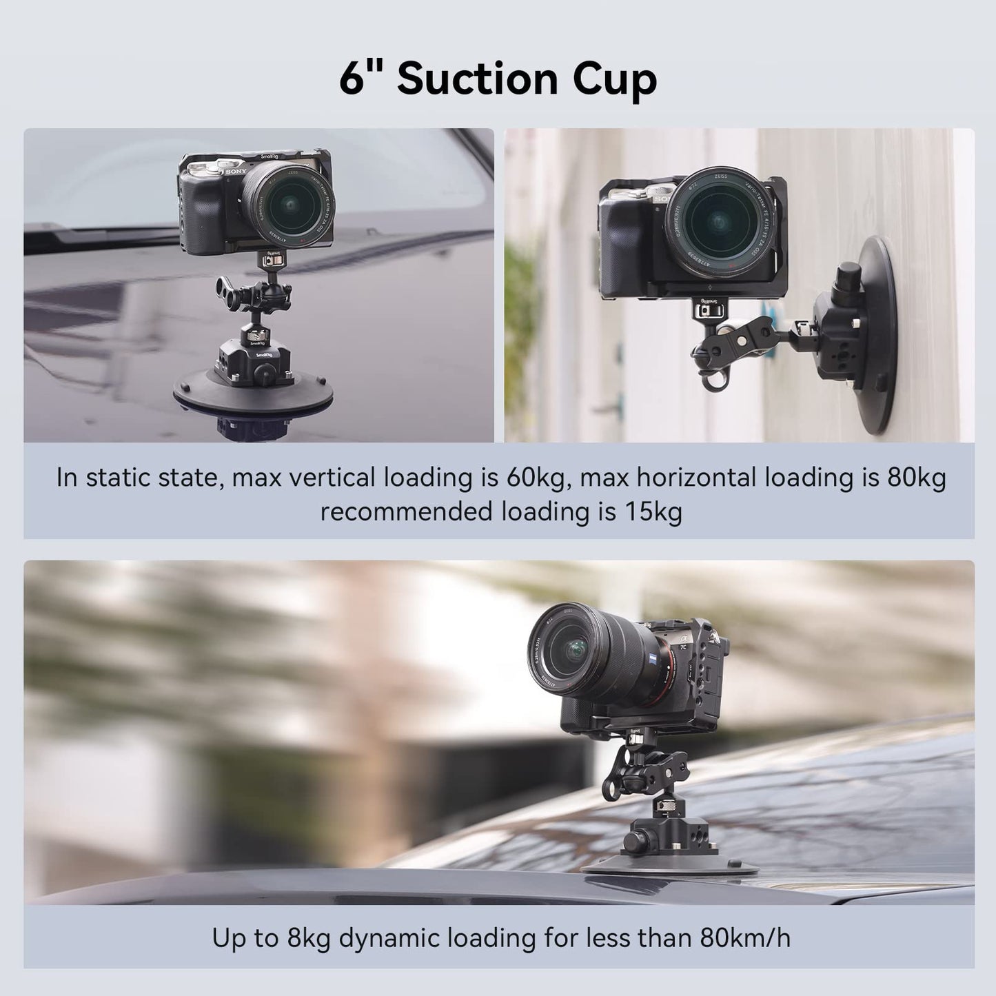 SmallRig 6″ Suction Cup Camera Mount, Car Mount for Camera/Smartphone on Car/Clean and Smooth Surfaces, Max 8kg Load for Speeds up to 80km/h (50mph), Recommend up to 15kg Load When Stationary - 4114