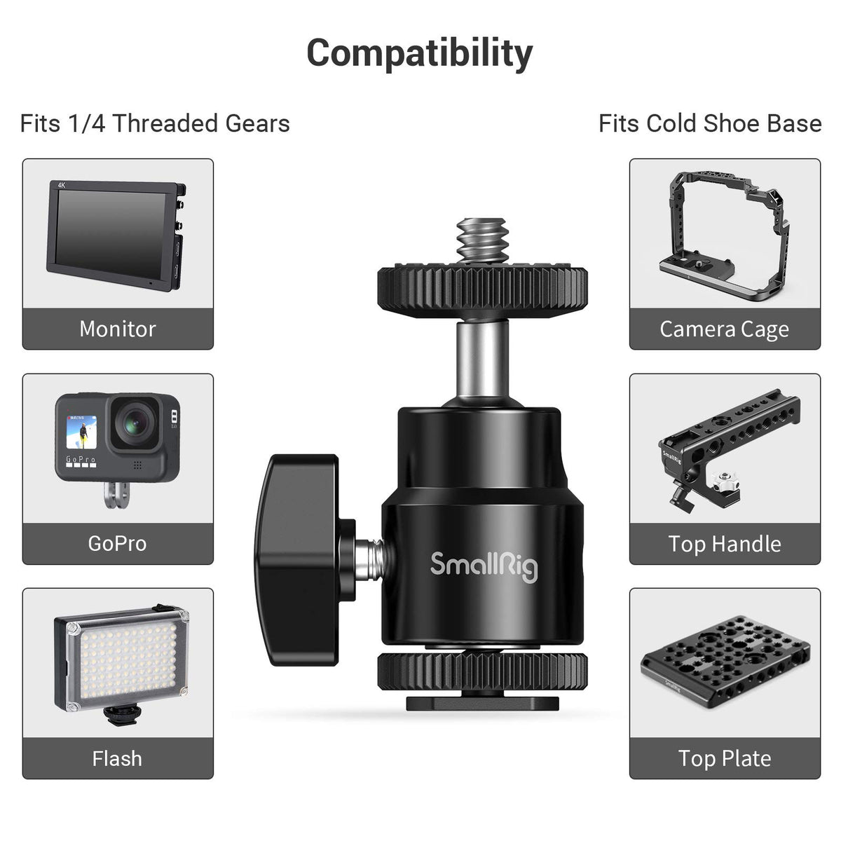 SmallRig 1/4" Camera Hot Shoe Mount, Ballhead Tripod with Additional 1/4" Screw, 2pcs Pack - 2059