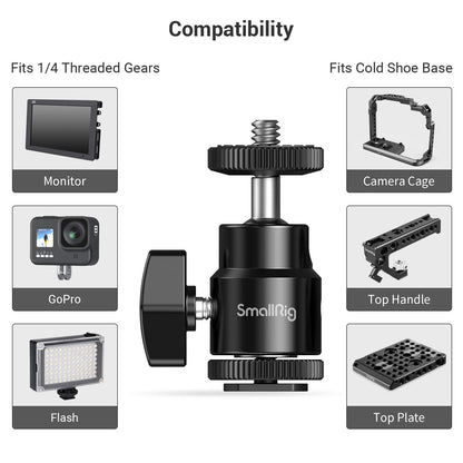 SmallRig 1/4" Camera Hot Shoe Mount, Ballhead Tripod with Additional 1/4" Screw, 2pcs Pack - 2059