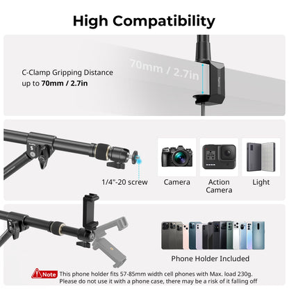 SMALLRIG Triangle Camera Desk Mount, Max. Load 3kg/ 6.6lbs, Overhead Mount with Auxiliary Support Rod, with Phone Holder and Small Ball Head for Camera/Phone/Light/Webcam