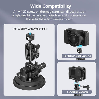 SMALLRIG 4" Camera Suction Mount with Ball Head Magic Arm, Car Mount for Lightweight Camera/Action Camera/Phone, Air Pump Vacuum Suction Cup, Max Load 3kg/6.6 Pound - 4236