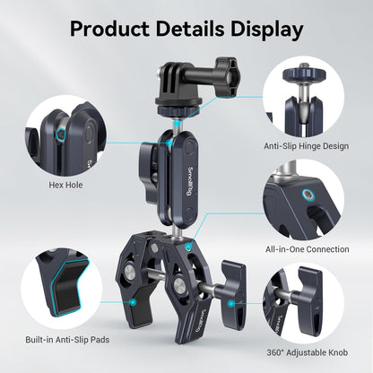SMALLRIG Camera Mount Clamp, Ballhead Magic Arm and Adapter for Gopro, Camera Monitor Mount with 1/4"-20, 3/8"-16 Threaded Holes, Super Clamp for Gopro/DSLR/Stabilizer
