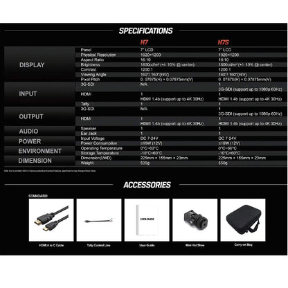 H7S 7" Full HD Field LED Monitor with 4K HDMI & SDI, Built-In Speaker, 1920x1200 - Grip Support Store