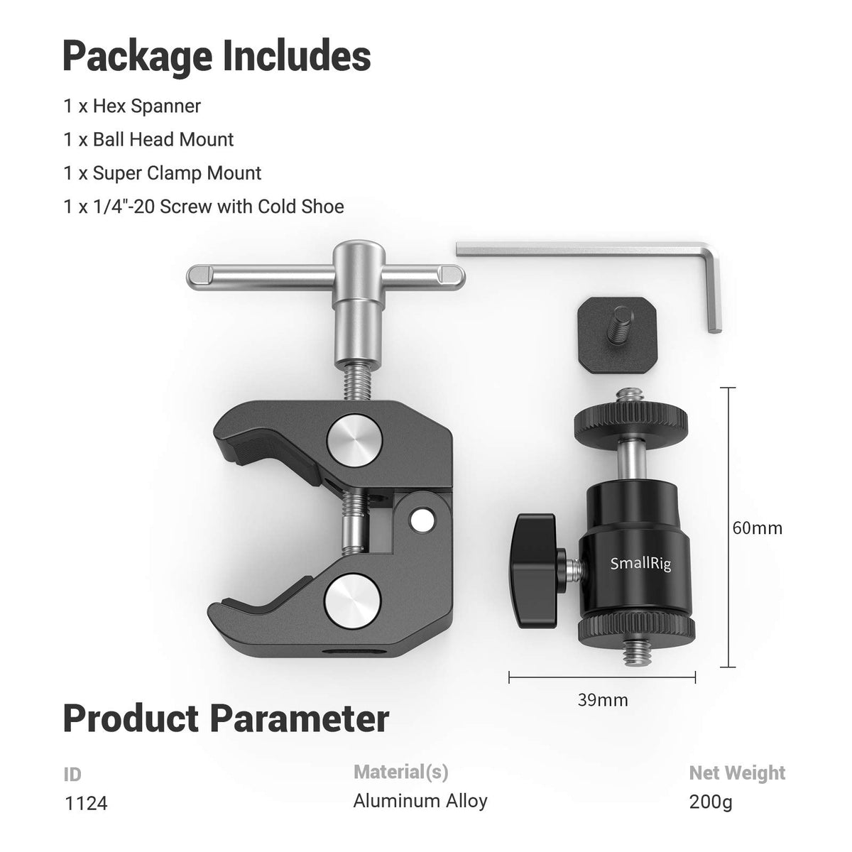 SmallRig Super Clamp Mount with Mini Ball Head Mount, Hot Shoe Adapter with 1/4 Screw for LCD Field Monitor, LED Lights, Flash, Microphone, for Gopro, for DJI Action 2, for Insta360