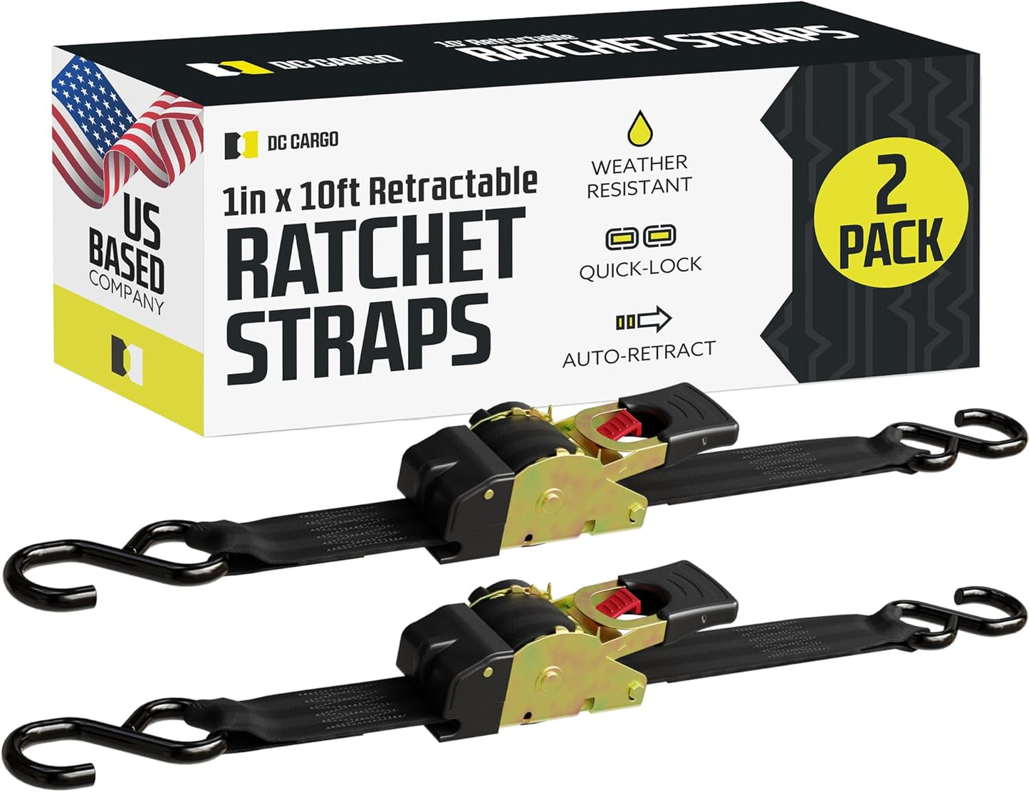 Auto Retractable Ratchet Straps 10' Long - Heavy Duty (2 pack) - Working Load Limit 500Lbs - Grip Support Store