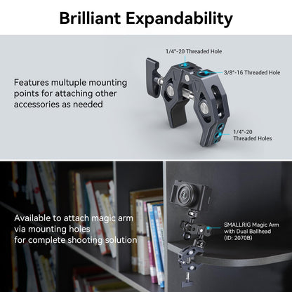 SMALLRIG Crab-Shaped Super Clamp, Camera Mount, 1/4"-20, 3/8"-16 Threaded Holes, 7.7lbs/3.5kg Payload, Compatible with Cameras, Monitors, LED Lights, etc.
