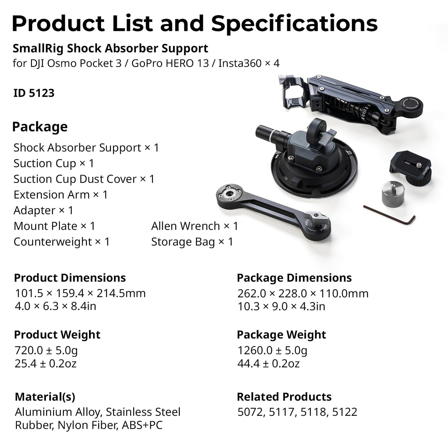 SMALLRIG Mini Shock Absorber Arm, 4-inch Vacuum Suction Cup, Double Spring and Hydraulic Damping, Car Mount for DJI Osmo Pocket 4 3/Action 6/5 Pro/4, for GoPro Hero13/12/11, for Insta360 X5/4/3-5123