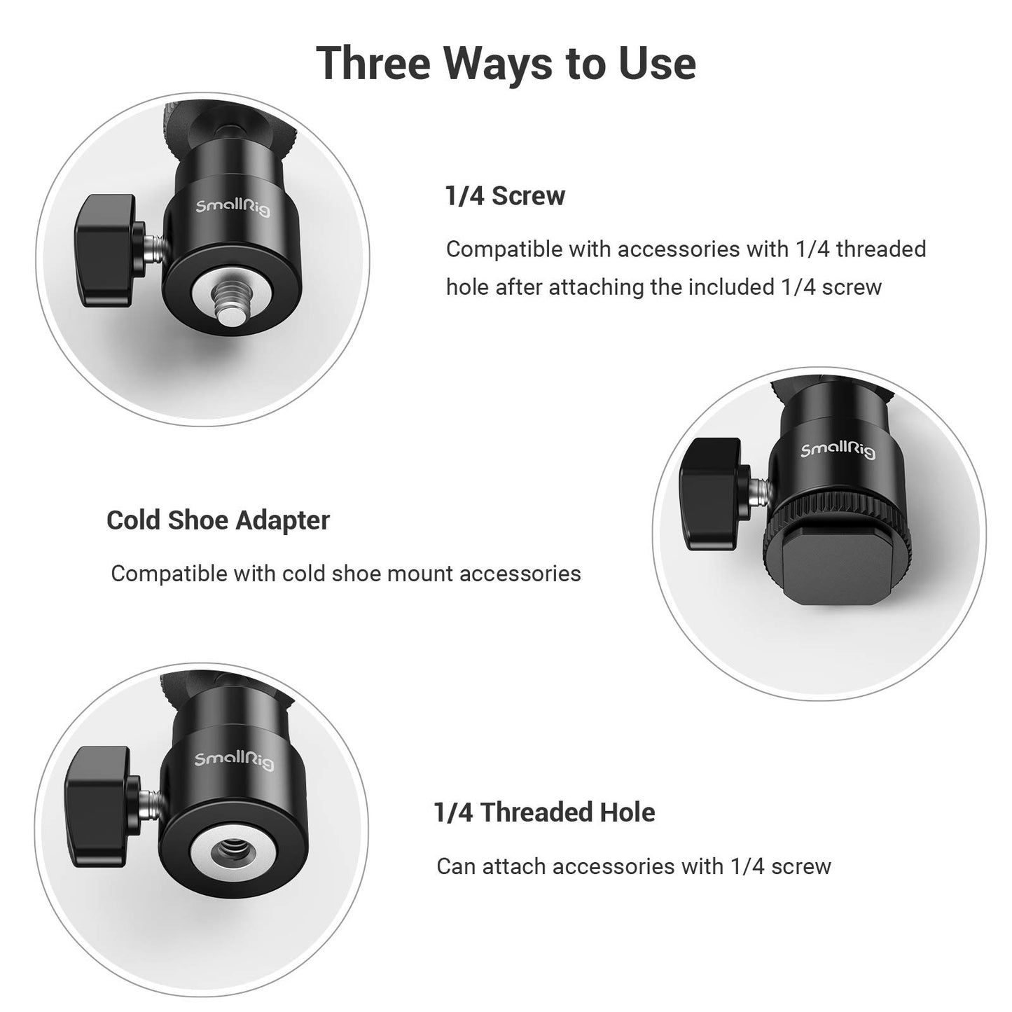 SmallRig 1/4" Camera Hot Shoe Mount, Ballhead Tripod with Additional 1/4" Screw, 2pcs Pack - 2059