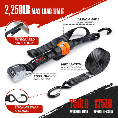 TorkStrap 14' x 1.5'' Self Tensioning Tie Down Straps (2-PK) - Automatically Adapt to Load Shifts - 2,250LB Break Strength - Grip Support Store