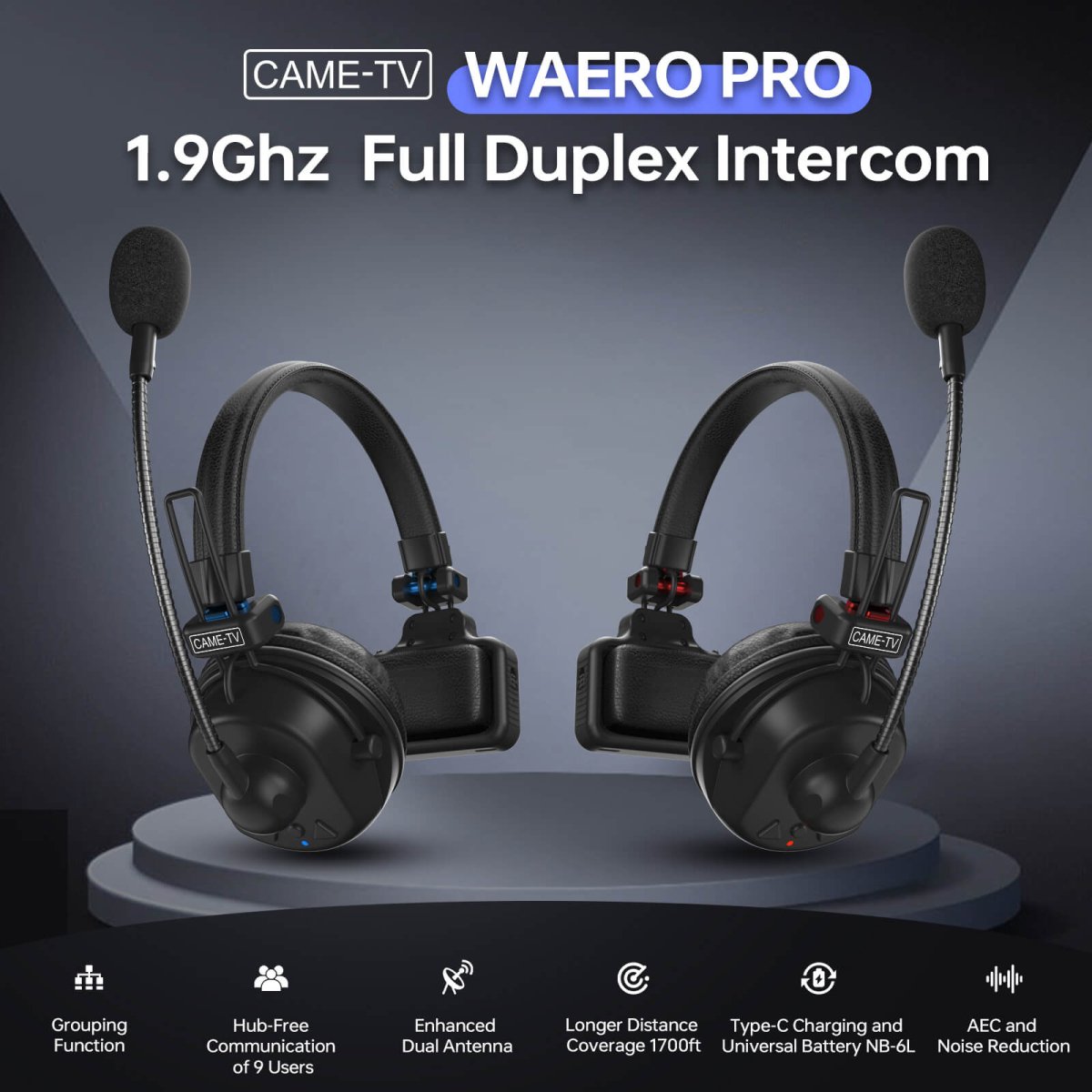 CAME-TV WAERO Pro Full Duplex Dual Antenna 1.9G Lightweight Wireless Intercom Headset - 8 Pack - Grip Support Store