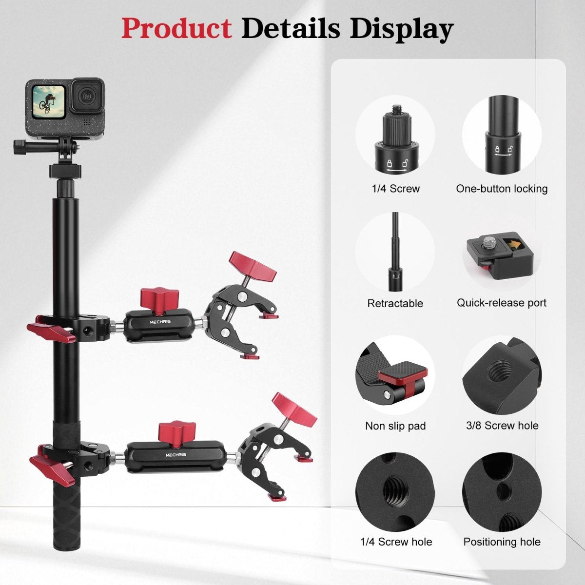 Mechrig Adjustable Camera Mount with 5-Section Pole and Four Super Clamps - Grip Support Store