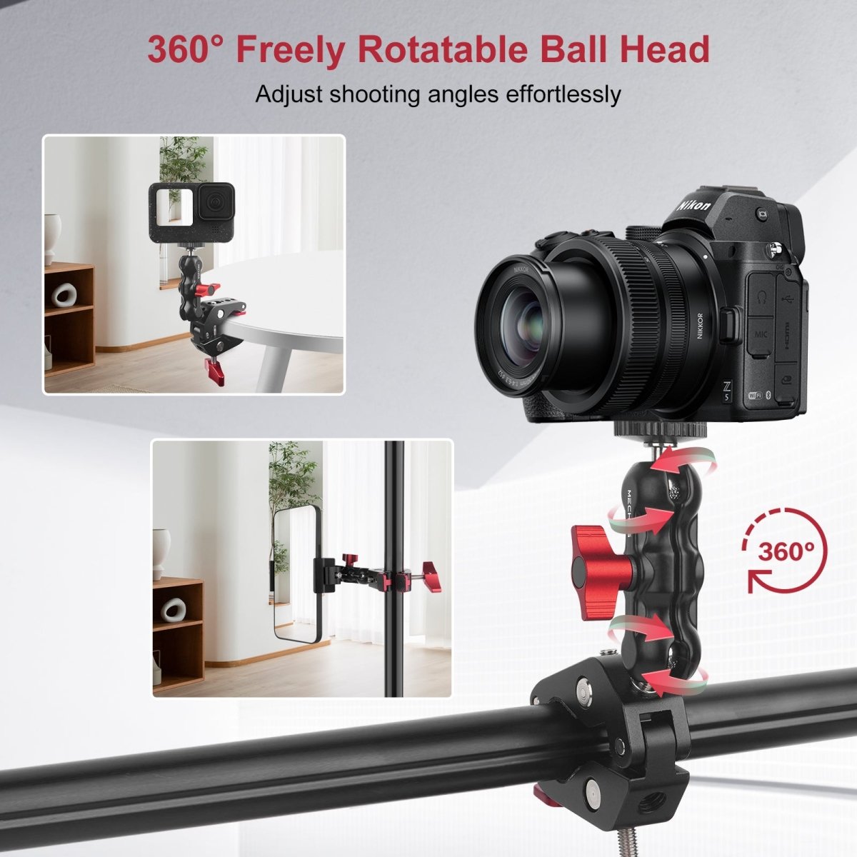 Mechrig Dual Ball Magic Arm Super Clamp Mount with GoPro Adapter & Phone Clamp - Grip Support Store