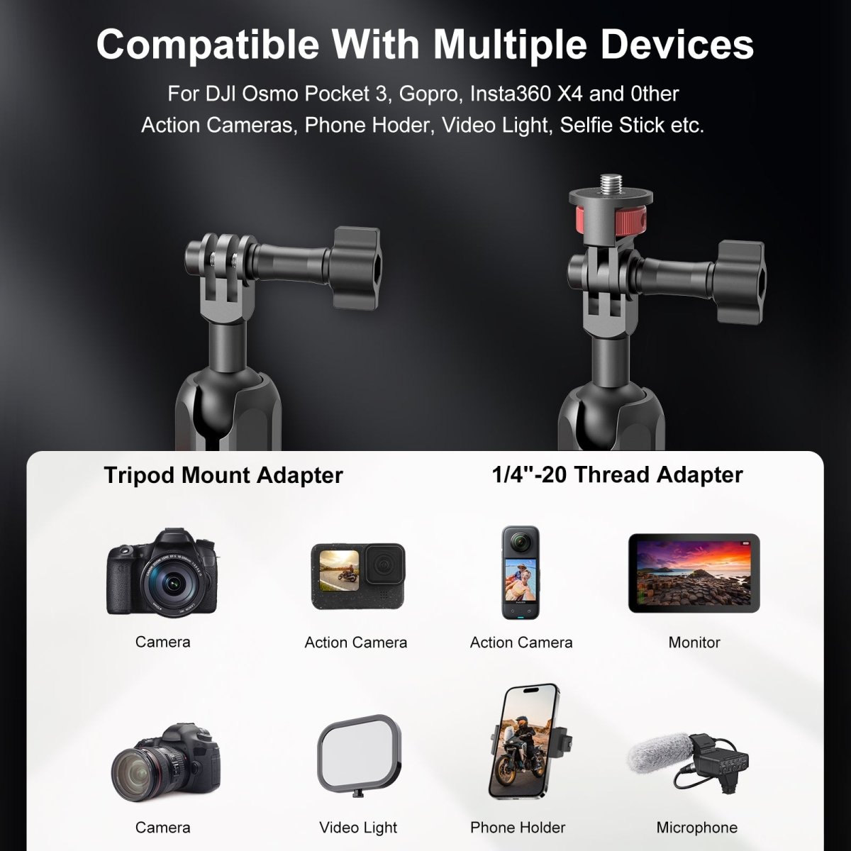 Mechrig Riding Dual Ball Head Super Clamp Mount with GoPro Base & 1/4" Screw - Grip Support Store