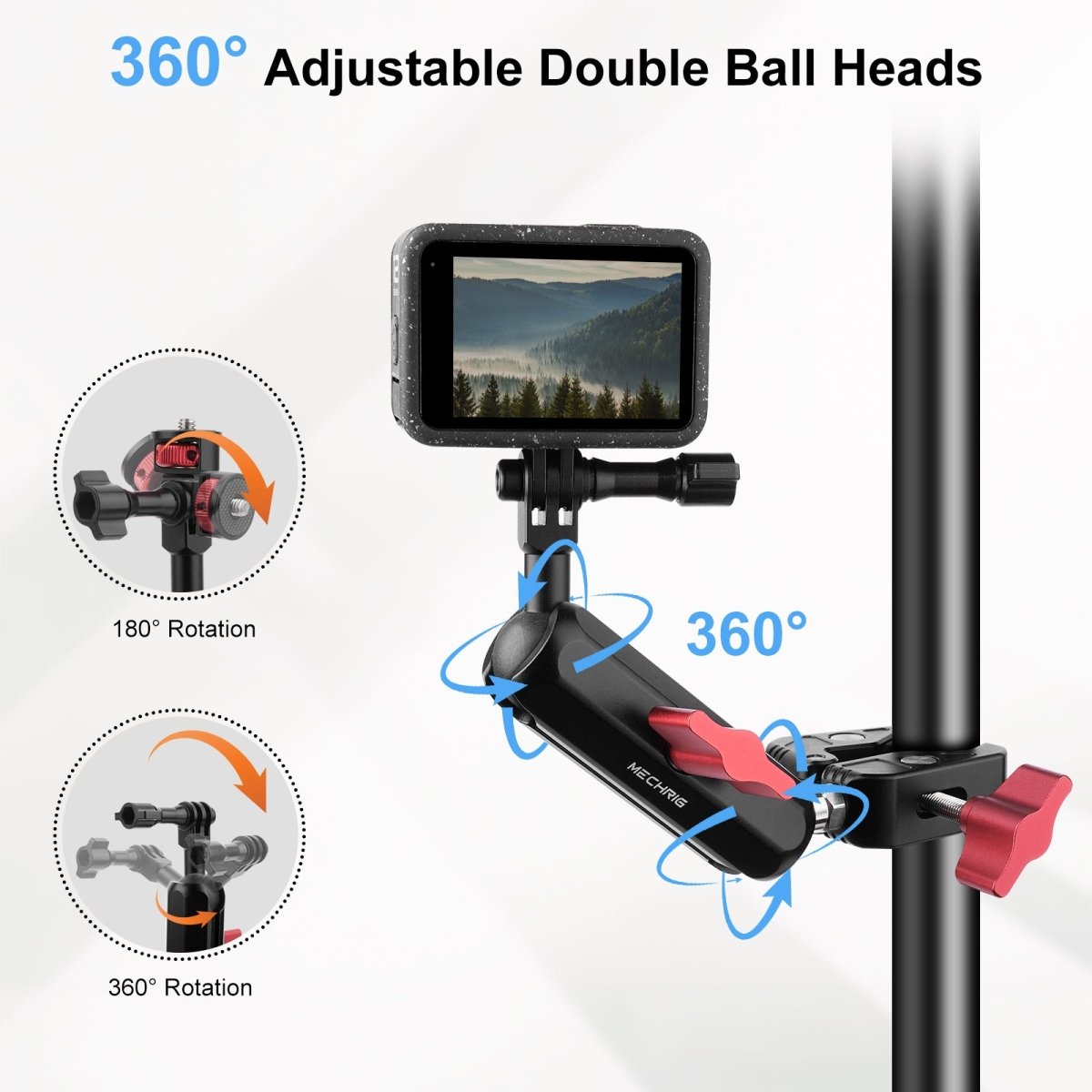 Mechrig Riding Dual Ball Head Super Clamp Mount with GoPro Base & 1/4" Screw - Grip Support Store