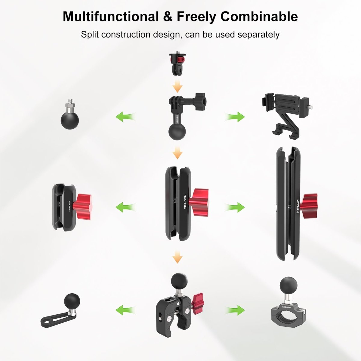 Mechrig Riding Dual Ball Head Super Clamp Mount with GoPro Base & 1/4" Screw - Grip Support Store