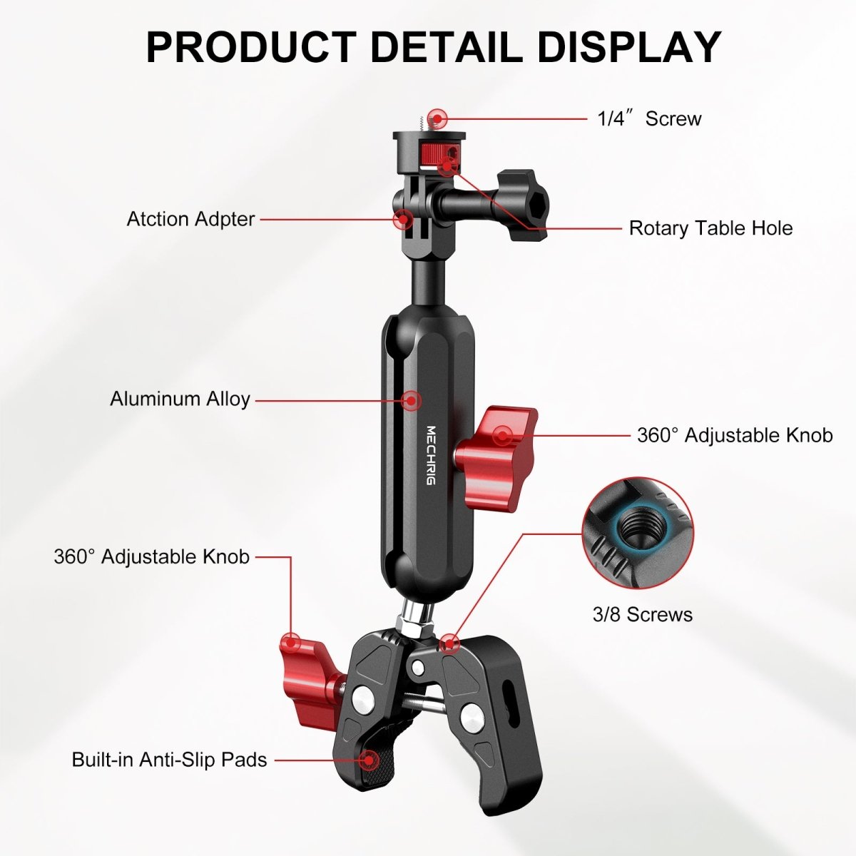 Mechrig Riding Dual Ball Head Super Clamp Mount with GoPro Base & 1/4" Screw - Grip Support Store
